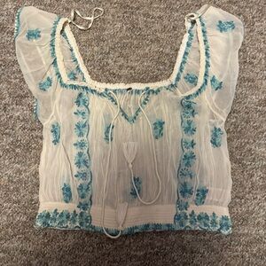 Free People Paisley Park Ivory Sheer Peasant Crop Top with Turquoise Embroidery
